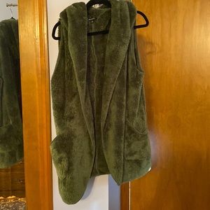 Hunter green sleeveless open Sherpa hooded vest